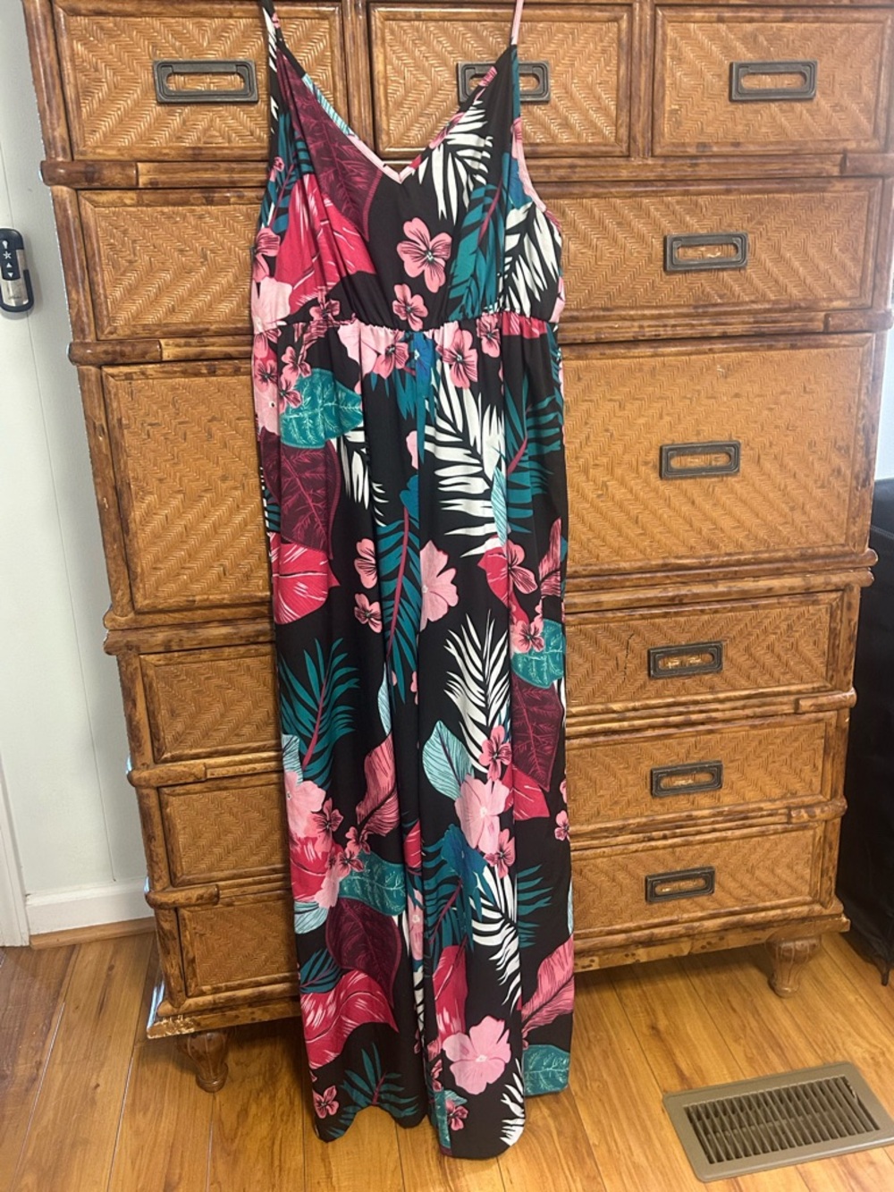 SHEIN Black Jumpsuit with Pink & Teal Floral Accents